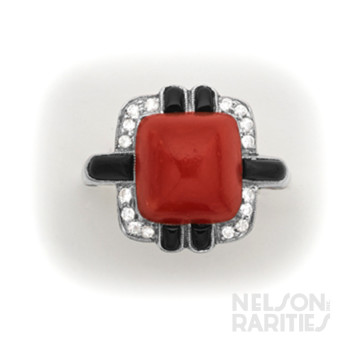 Coral, Onyx, Diamond and Platinum Ring