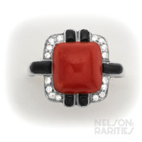 Coral, Onyx, Diamond and Platinum Ring