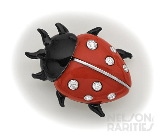 Coral, Enamel, Diamond and Platinum Ladybug Brooch