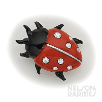 Coral, Enamel, Diamond and Platinum Ladybug Brooch