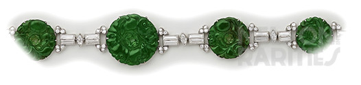 Carved Fine Jade, Marquise Diamond, Diamond and Platinum Bracelet