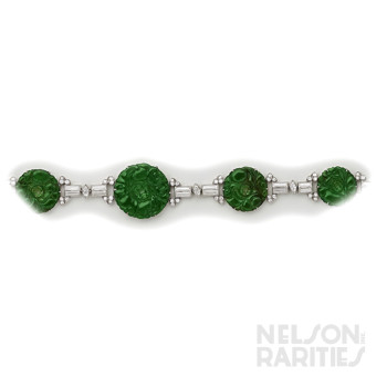 Carved Fine Jade, Marquise Diamond, Diamond and Platinum Bracelet