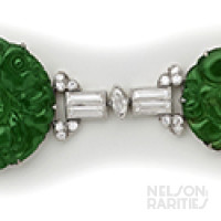 Carved Fine Jade, Marquise Diamond, Diamond and Platinum Bracelet